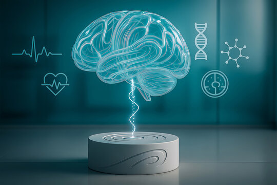Medical technology concept with holographic brain and health icons