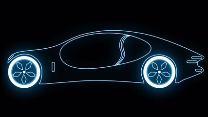Futuristic glowing blue sports car outline animation with neon light effects and sleek aerodynamic design on a dark background. Perfect for automotive technology videos, electric vehicle concepts. - Powered by Adobe