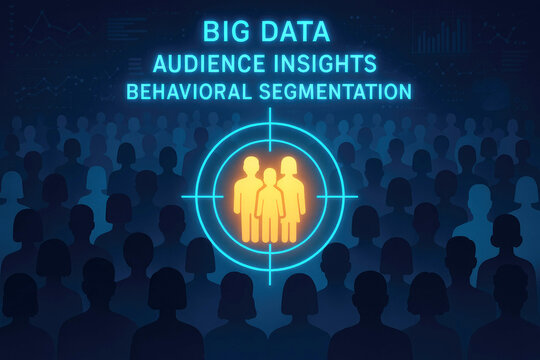 Glowing screen with big data audience insights and segmentation over yellow target icon and crowd data analysis