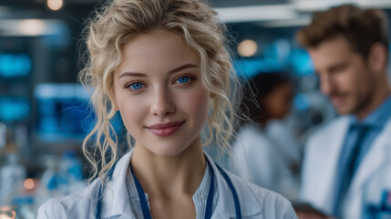 Beautiful doctor woman blue eyes , lot of doctor is background.