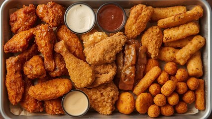 A top view of a fast food tray filled with various types of fried chicken: spicy wings, crispy tenders, drumsticks, boneless strips, and spicy nuggets.