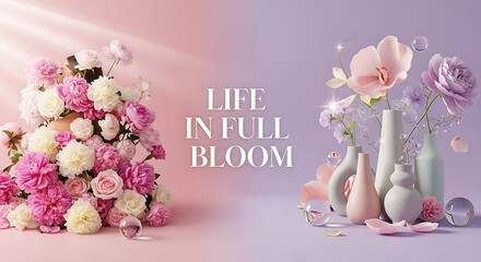 Floral arrangement with pink and white flowers on a light pink background