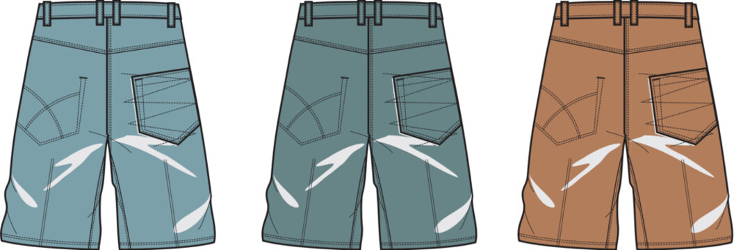 Illustrated collection of casual shorts, showcasing three unique color variations with bold lightning bolt graphics and practical back pocket designs, ideal for dynamic fashion