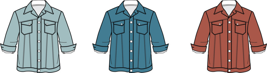 Three different colored button-down shirts presented in a flat lay style, showcasing fabric texture and design details