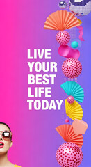 Live your best life today with colorful fans and disco balls on pink