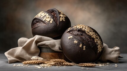 Obraz premium Artisan Dark Rye Bread with Oats and Wheat on Rustic Surface in Artistic Lighting