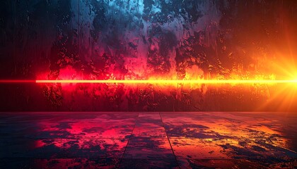 Dramatic abstract scene with textured wall reflecting vivid colors. Glowing line of light crosses the space, creating an intense atmosphere