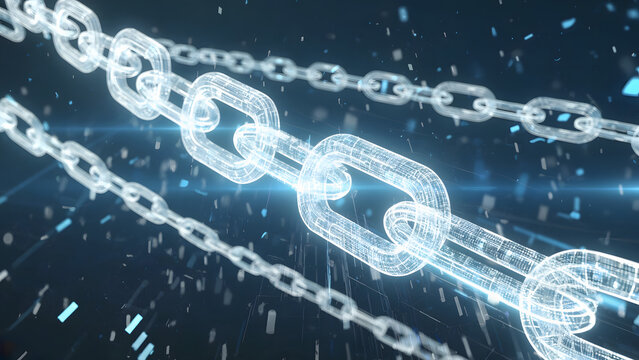 Digital Blockchain Network Connections with Glowing Links and Data Particles