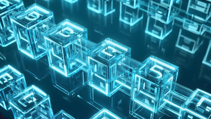 Glowing Blue Blockchain Cubes with Numbers Connected in a Digital Network