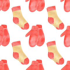Cozy watercolor pattern with warm knitted socks in red and beige tones. Perfect for winter, Christmas, and New Year designs, textiles, wrapping paper, and festive decorations.