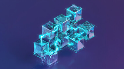Abstract Network Connection with Glowing Blue Energy Flowing Between Transparent Cubes