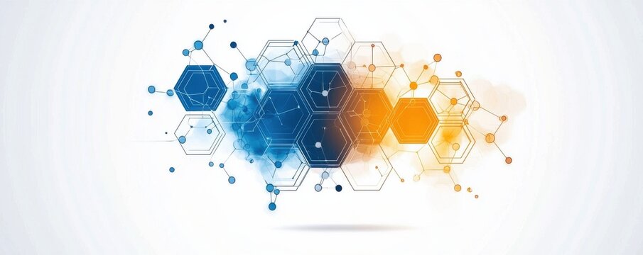 Abstract interconnected hexagonal network with digital communication theme