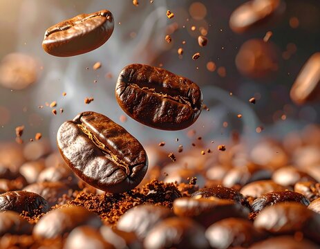 Close-up of roasted coffee beans in mid-air, with steam and grounds - Powered by Adobe