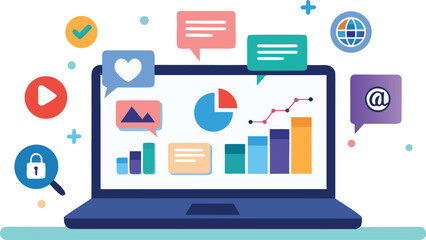 High-resolution laptop with social media dashboard icon vector.