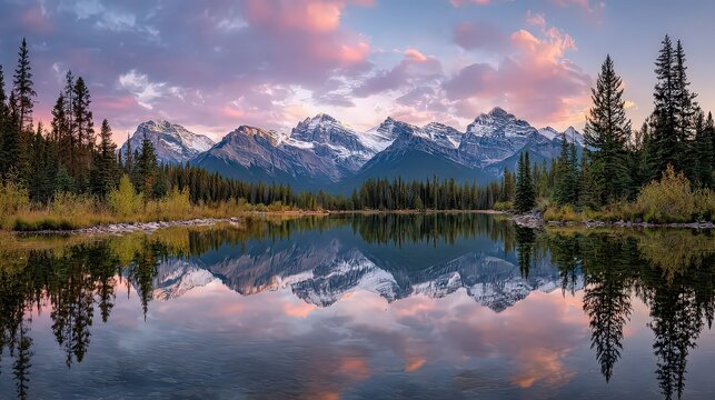 Scenic Mountain Range Reflected in Calm Lake at Twilight with Trees and Cloudy Sky Landscape Panorama