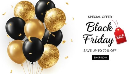 Black friday special offer with gold and black balloons