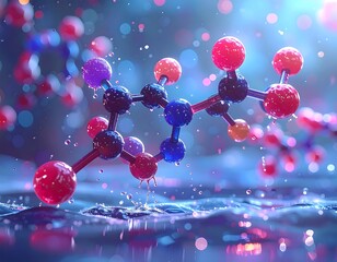 Vibrant molecular structure floating amidst watery, bokeh-filled environment