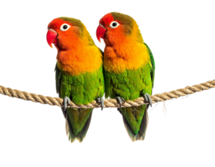 Pair of Green and Red Lovebirds Sitting on a Rope, Tilted Angle View, Isolated Tropical Parrots PNG