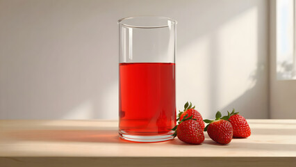 Glass of Red Strawberry Juice with Fresh Berries on Wooden Table