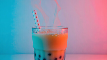 Steaming Bubble Tea with Straw and Tapioca Pearls in Neon Light