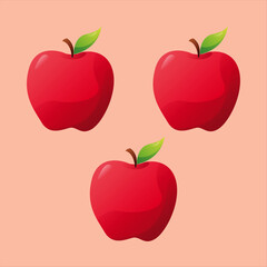 Three vibrant red apples with fresh green leaves arranged on a soft peach background creating a simple yet appealing pattern perfect for health and nutrition themed designs