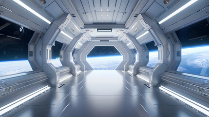 Obraz premium Photorealistic Spaceship Interior Corridor with View of Planet Earth