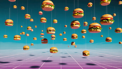 Numerous Hamburgers Hanging Suspended in a Surreal Digital Landscape