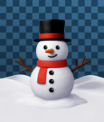 3D Happy cartoon snowman wearing top hat and red scarf on snow pile. Winter holidays and Christmas seasonal design element. Vector illustration