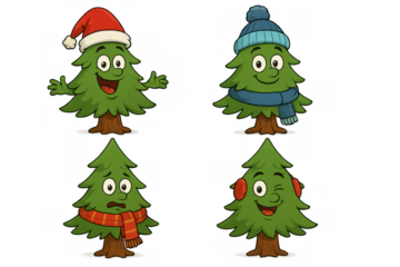 Cartoon christmas tree characters showing happy, calm, worried, and cheerful expressions, wearing winter holiday accessories