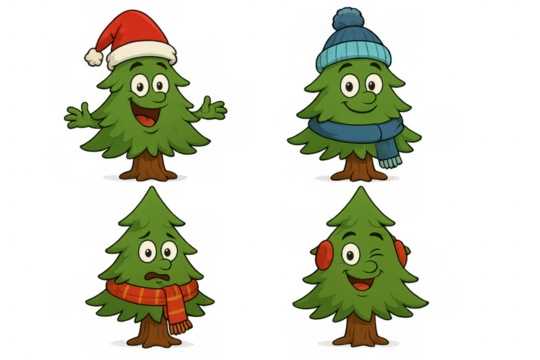 Cartoon christmas tree characters showing happy, calm, worried, and cheerful expressions, wearing winter holiday accessories