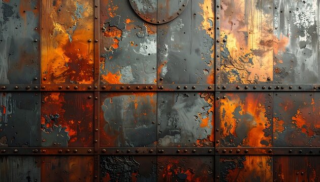 Abstract weathered metal surface featuring vibrant orange and brown rust patterns on aged steel panels with prominent rivets, creating a rugged industrial background