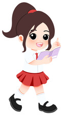 Cheerful Schoolgirl Reading and Pointing, Perfect for Educational Designs and Illustrations