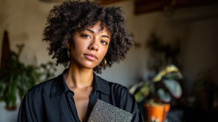 Confident Black Woman in Modern Home Office with Planner