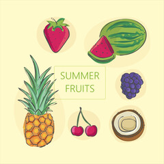 Fresh summer fruits including pineapple watermelon strawberry cherries blackberry and coconut arranged in a colorful and vibrant display perfect for healthy eating and seasonal designs