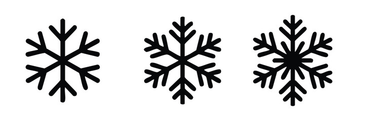 Set of Three Snowflake Icons, Freezing or Cold Temperature Symbols, Simple Outline Snowflake Collection, 