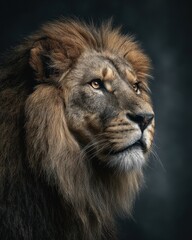 Fototapeta premium Majestic Lion Portrait Regal Strength and Captivating Gaze in Natural Light