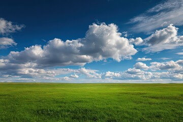 Fototapeta premium Vibrant Green Meadow Under a Fluffy White Clouds and Azure Sky in Summer Day with Natural Light and Vivid Colors