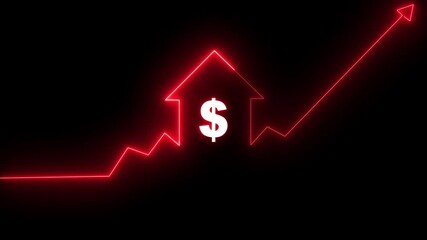 Glowing red meon dollar sign with rising arrow and financial growth chart on black background. Symbol of business success and profit. - Powered by Adobe
