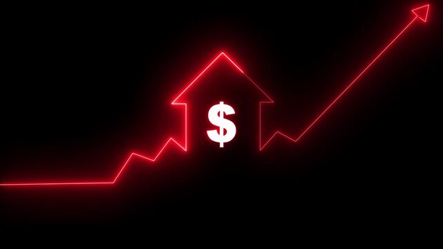 Glowing red meon dollar sign with rising arrow and financial growth chart on black background. Symbol of business success and profit.