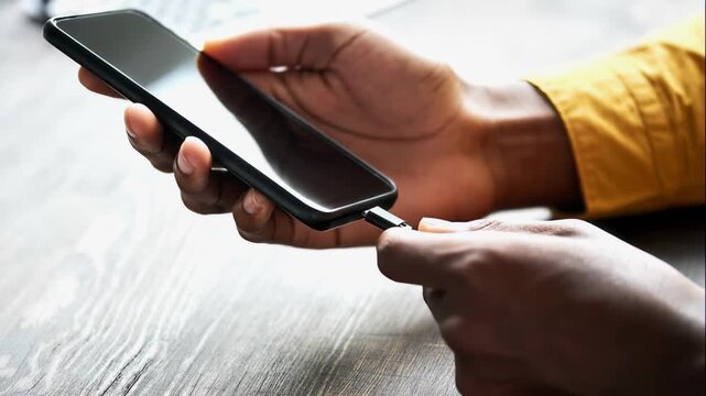 AI animated close-up of hands of unrecognizable African American man in yellow shirt plugging USB cable into black smartphone for charging battery or data transfer, while sitting at desk