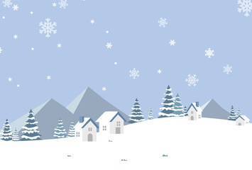 Peaceful Winter Village Landscape with Falling Snow