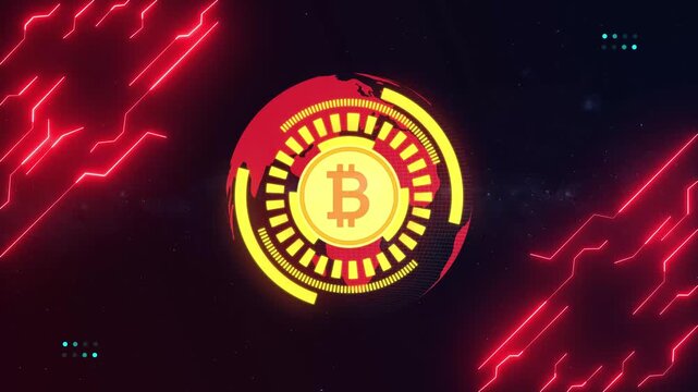 Futuristic Bitcoin digital coin animation in outer space. Globing cryptocurrency symbol with red tech circuit and cosmic background.