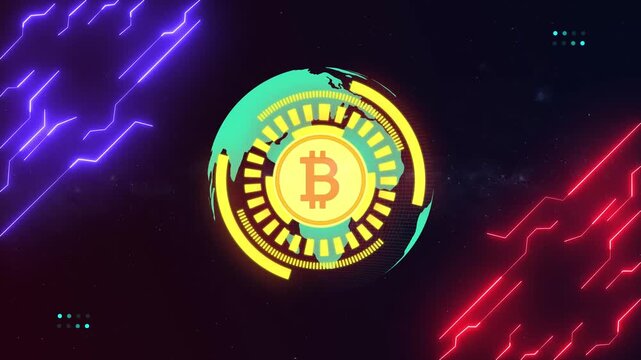Futuristic Bitcoin digital coin animation in outer space. Globing cryptocurrency symbol with red tech circuit and cosmic background.