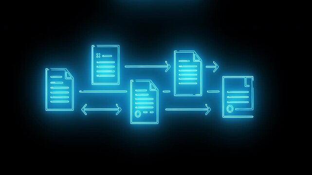 Blue holographic file transfer diagram with digital document exchange and synchronization arrows