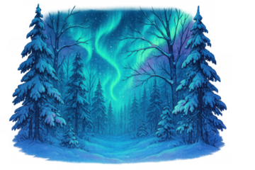 Winter forest with snow-covered trees experiencing a vibrant aurora borealis light show at night. Transparent background
