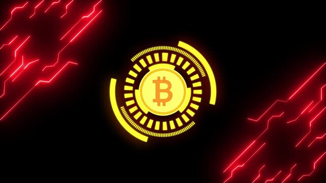 Futuristic bitcoin blockchain animation with red neon lines. Cryptocurrency network in 4K with black background.