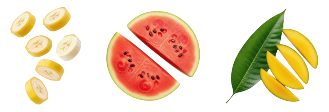 Floating Sliced Banana Pieces Watermelon Wedges with Seeds and Ripe Mango Slices with Green Leaf Isolated on transparent background Tropical Summer Fruit