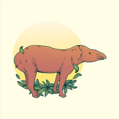 Illustrated tapir standing amidst lush green foliage against a soft yellow backdrop creating a serene and whimsical nature scene perfect for educational materials or children's books