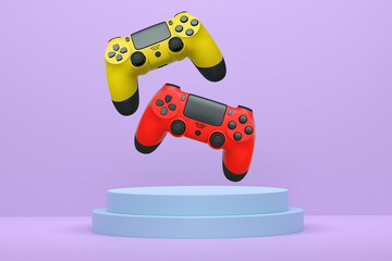 Colorful gaming controllers joystick levitating over podium against abstract background, minimalist concept device on pedestal