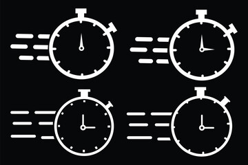 Fast response time clock vector symbol. quick, rush or faster work service Vector work time effect or delivery service time icon. Fast stopwatch icon with motion lines, representing speed,